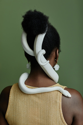 Back view of young African American woman with white rat snake enlacing her hair bun standing in front of camera against green background