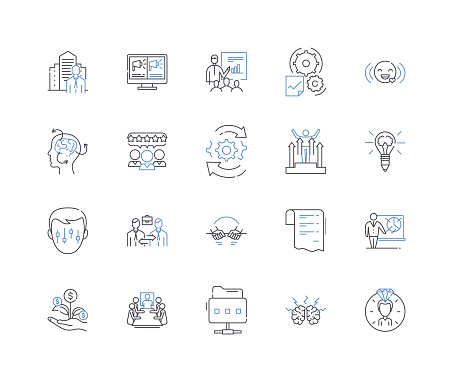Institution occupation outline icons collection. Administration, Admission, Registrar, Curriculum, Accreditation, Enrollment, Governance vector and illustration concept set. Scholarship,Research linear signs and symbols
