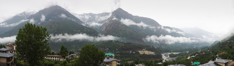 Panoramic view of lower Himalayas and small villages along the Bias River