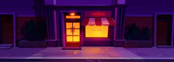 Vector illustration of Coffee shop or cafe entrance at night