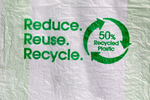 Reduce,Reuse,Recycle on plastic bag background. Environmental and Ecology Concept.