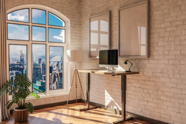 istock modern standing desk pc workplace in daylight downtown skyline office; home decoration desing and home office concept; 3D Illustration 1487433390