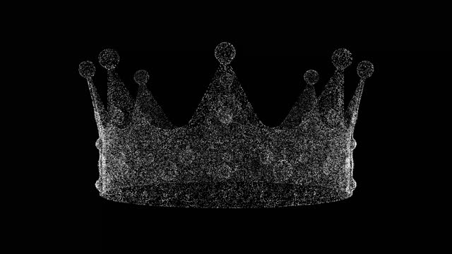3D Royal Crown rotates on black bg. Object dissolved white flickering particles 60 FPS. Business advertising backdrop. Science concept. For title, text, presentation. 3D animation