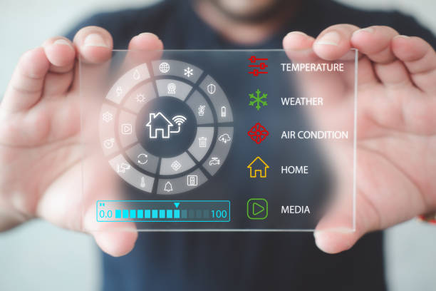 istock Smart home control concept hand showing icons screen with smart home automation control system. 1487435530