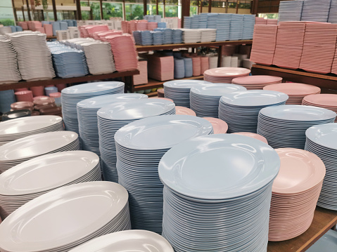 Stacks of plates in a shop