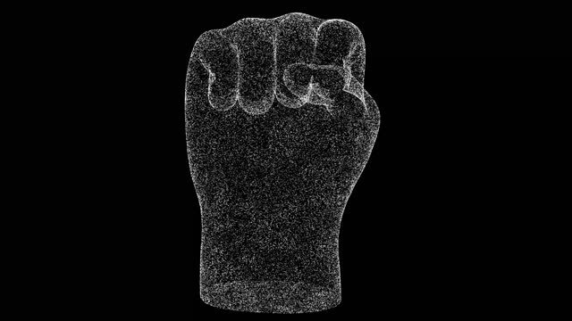3D human fist rotates on black bg. Object dissolved white flickering particles 60 FPS. Business advertising backdrop. Science concept. For title, text, presentation. 3D animation