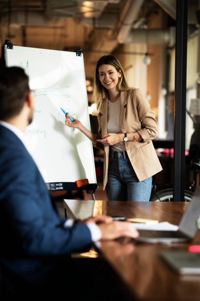 istock Businesswoman present her idea to working team. 1487438867