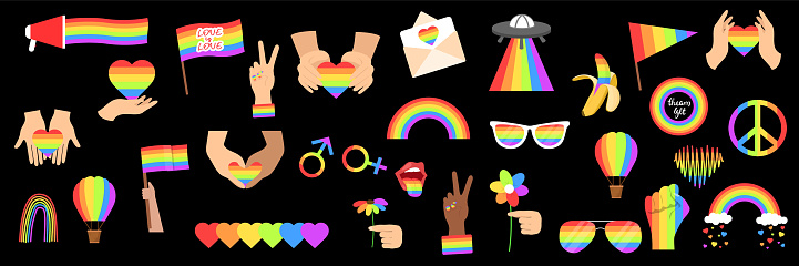 Big set of LBGT symbols on black background. Big collection of rainbow pride concept. Vector illustration.