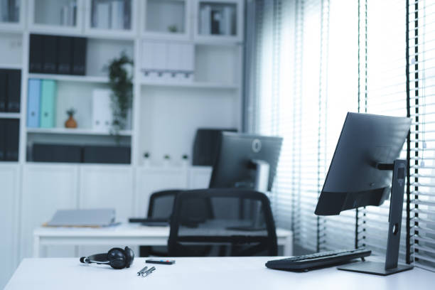 istock work desk with laptop and documents, books, modern interior of cozy cabinet, table for businessman or student at home, comfortable workspace, workplace with computer in apartment Keywords: 1487440860