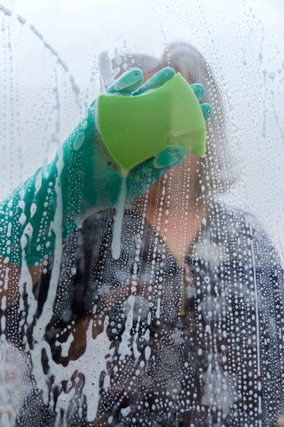 istock woman cleaning the windows with a sponge and soap 1487440987