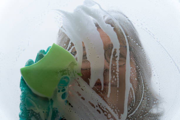 istock woman cleaning the windows with a sponge and soap 1487440989