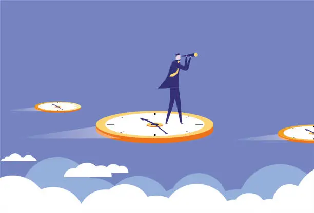 Vector illustration of business man standing on a flying clock and looking ahead through binoculars