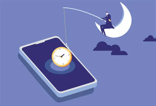 Vector illustration of a business man sits on the moon and fishes out the clock from his mobile phone