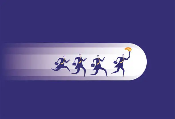 Vector illustration of people run in the dark following a business man with a torch