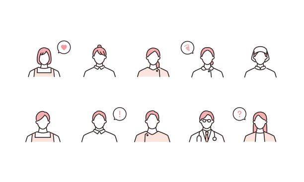 illustrazioni stock, clip art, cartoni animati e icone di tendenza di set di icone avatar per caregiver, operatore sanitario - dipendente immagine