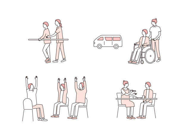 zestaw ilustracji wektorowych. sceny opieki dziennej i rehabilitacji seniorów. - nursing home senior adult home caregiver physical therapy stock illustrations