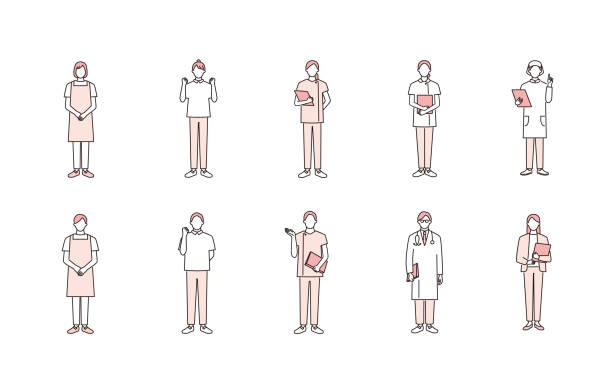 Care, medical welfare team Care, medical welfare team.doctors, nurses, physiotherapists, nutritionists, caregiver, home helper, care manager nurse smock stock illustrations