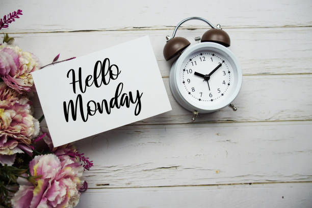 istock Hello Monday text message with alarm clock top view on wooden background 1487443627