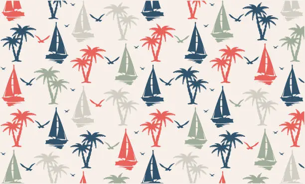 Vector illustration of Seamless pattern with cute boats vector. Childish illustration. Cartoon sailboat on a light background. Boat and palm trees on a cute pattern. Nautical pattern for kids fabric, textile, wallpaper.