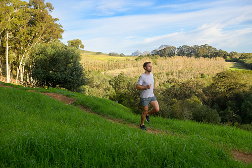Side View Male Trail Runner with beard running in country side, Stellenbosch, South Africa.  He is wearing active clothes and jogging looking relaxed.  There is fruit orchards and a forest in the valley, wild meadow and high mountain slopes behind.  He is running on an off road single track dirt path between the long green grass.  It is an autumn late afternoon scene in the Western Cape Wine lands called the Boland.