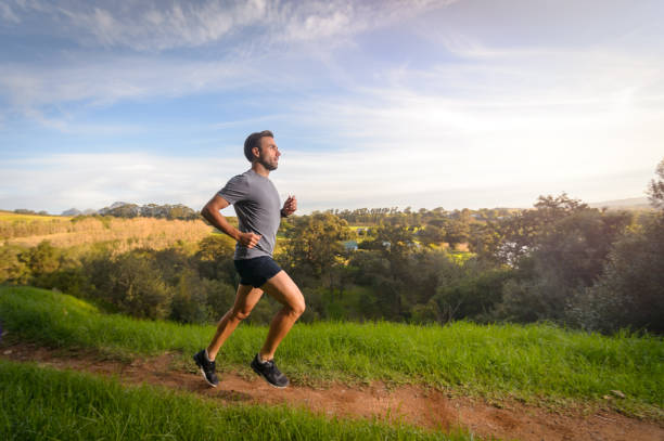 Side View Male Trail Runner running in country side, Stellenbosch, South Africa.  He is wearing active clothes and jogging looking relaxed.  There is fruit orchards and a forest in the valley, wild meadow and high mountain slopes behind.  He is running on an off road single track dirt path between the long green grass.  It is an autumn late afternoon scene in the Western Cape Wine lands called the Boland.
