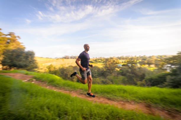 Motion side View Male Trail Runner running in country side, Stellenbosch, South Africa.  He is wearing active clothes and jogging looking relaxed.  There is fruit orchards and a forest in the valley, wild meadow and high mountain slopes behind.  He is running on an off road single track dirt path between the long green grass.  It is an autumn late afternoon scene in the Western Cape Wine lands called the Boland.