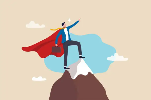 Vector illustration of Ambition to success, motivation or aspiration to achieve goal, victory or career growth, challenge or aiming for success concept, successful businessman superhero pointing finger up on mountain peak.
