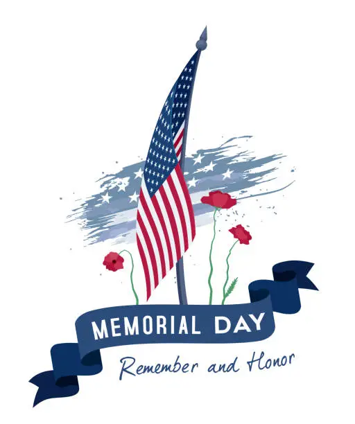 Vector illustration of Memorial Day Banner. Remember and Honor. United States Flag. Logo Concept Design.