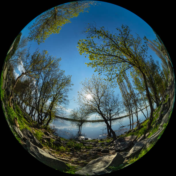 River bank with trees and rocks on a sunny spring day, photo taken with a circular fish-eye lens stock photo