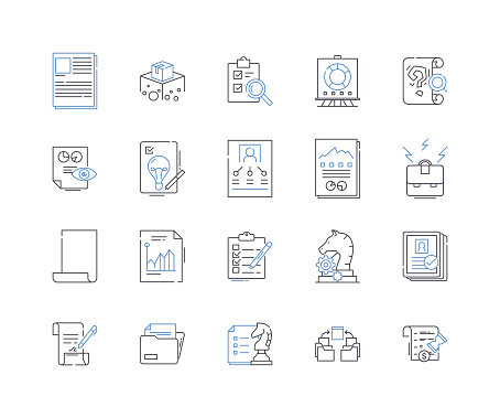 Documentation handling outline icons collection. Filing, Archiving, Organizing, Categorizing, Cataloguing, Indexing, Storing vector and illustration concept set. Retrieving,Digitizing linear signs and symbols