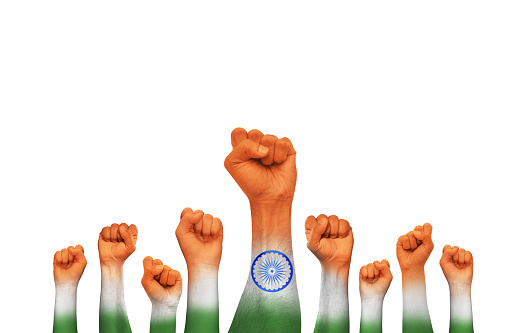 Powerful fist of people, people leaders hand with India flag, labor day, equal rights for people, JAI HIND power on India.
