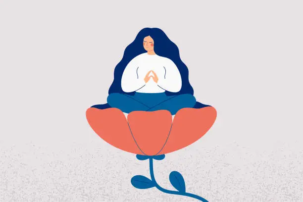 Vector illustration of Happy woman sitting in lotus pose inside big flower. Female person closed her eyes and meditates feeling self love and body and mind harmony.