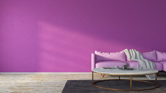 Purple Room with Empty Wall and Sofa. 3D Render