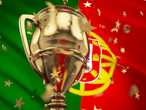 Portugal Winning a Cup Concept with a Golden Trophy and Portuguese Flag. 3D Render