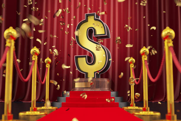 istock Neon Dollar Sign Standin on Red Carpet Podium 1487449120