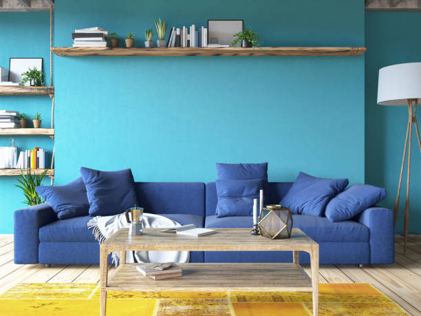 istock Cozy Colorful Living Room Design with Empty Blue Wall 1487449167