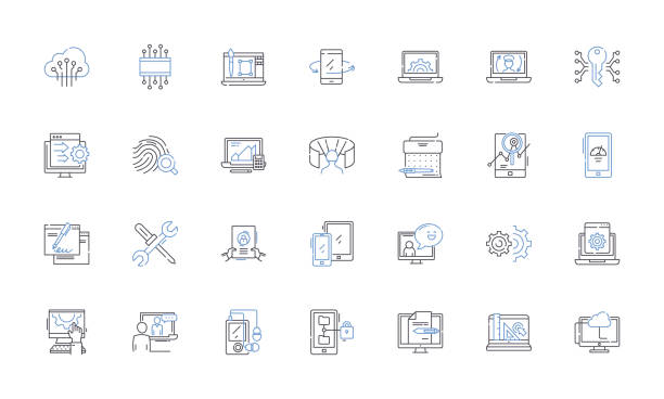 ilustrações, clipart, desenhos animados e ícones de coleção de ícones de linha de sistemas. integração, arquitetura, design, interoperabilidade, otimização, eficiência, automação vetorial e ilustração linear. modularidade,escalabilidade,conjunto de sinais de estrutura de tópicos de configuraç� - efficiency complexity cooperation gear