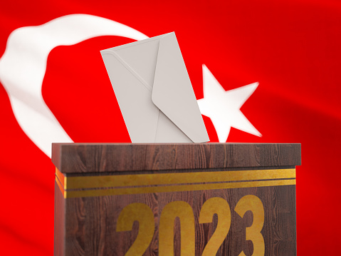 2023 Turkey Electrions Concept with a Wooden Ballot Box and Turkish Flag. 3D Render