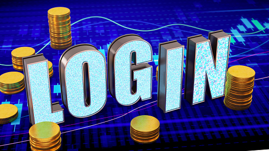 Log In Sign on a Financial Chart with Golden Coins. 3D Render