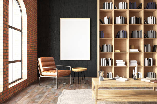 istock Reading Room Interior With Bookshelf and Mock Up Picture Frame 1487450260