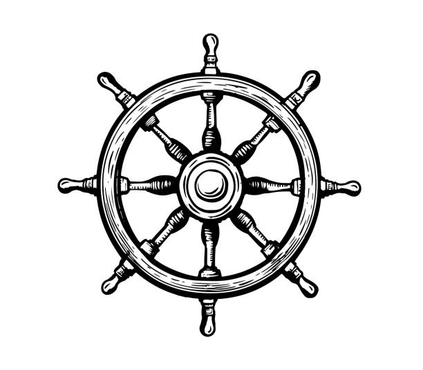 illustrazioni stock, clip art, cartoni animati e icone di tendenza di ruota della nave, illustrazione vettoriale disegnata a mano. - helm rudder sailboat isolated