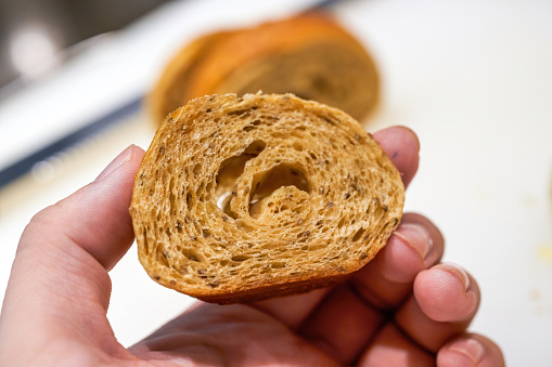 Close-up of a cross section of a French croissant