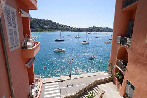 Beautiful Mediterranean streets and architecture Villefranche-sur-Mer, near Nice, France, idyllic sunny summer day.