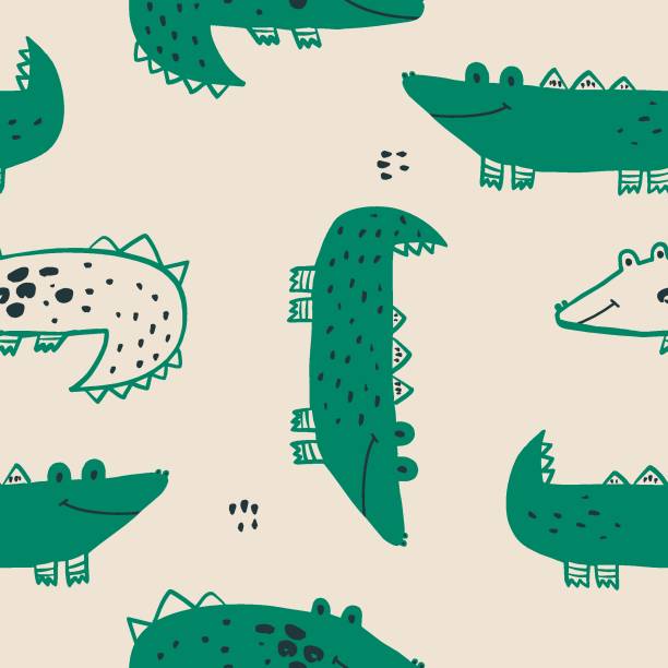 istock Seamless cartoon crocodile pattern. Kids funny green childish alligator character texture. Vector illustration 1487451933