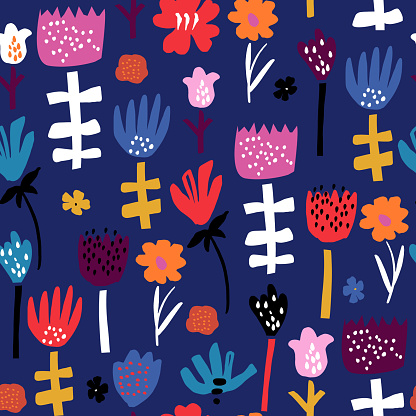 Seamless abstract floral pattern. Botanical texture with hand drawn flowers. Vector illustration