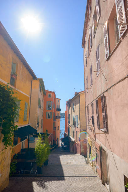Beautiful Mediterranean streets and architecture Villefranche-sur-Mer, near Nice, France, idyllic sunny summer day.