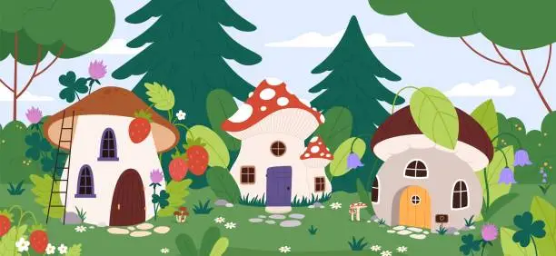 Vector illustration of Fairytale village in forest. Fantasy city with mushroom houses on meadow with flowers, wood and grass. Dwarf or fairy building racy vector background