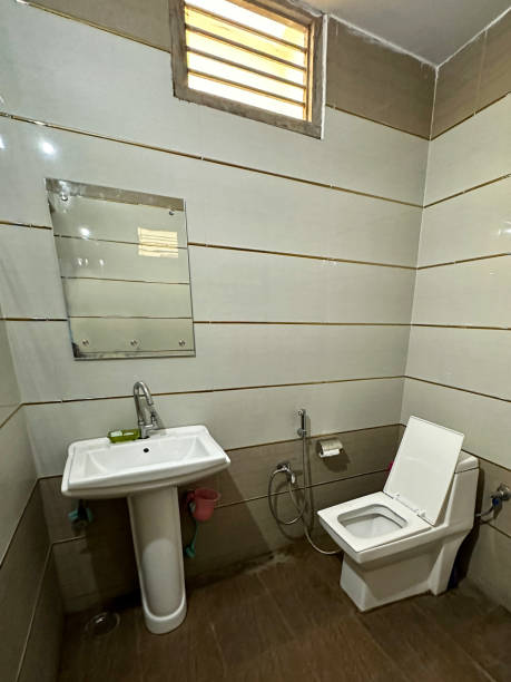 imagen de inodoro público de azulejos blancos, inodoro blanco junto al accesorio de cabezal de bidé de ducha de mano en la pared, soporte de pared y manguera, inodoro de ducha de bidé wc spray de inodoro, piso laminado de madera, higiene del baño - drain sink water pipe bathroom fotografías e imágenes de stock