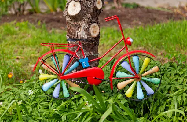 very small colorful bike locked with chain in a tree
