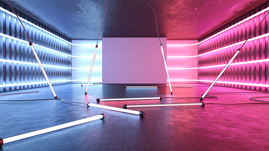 Futuristic Room Design with Colored Flourescent Lights and Empty Wall. 3D Render